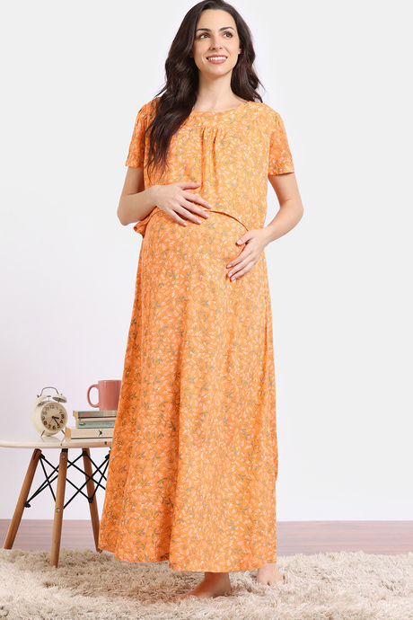 Coucou Maternity Woven Full Length Nightdress With Front Zipper And Discreet Feeding - Metalic Orange — image 2